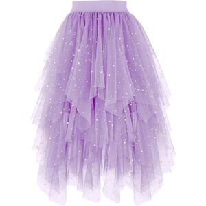 Tulle Sequin Lavender for Women High Waist Elastic Midi Skirt Mesh Tutu Skirt